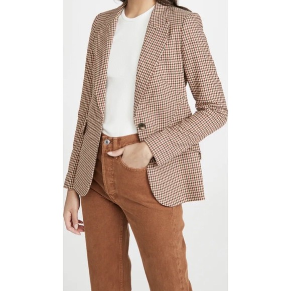 L’AGENCE Chamberlain Blazer In Tan Burgundy Houndstooth Size 4 - Picture 10 of 16